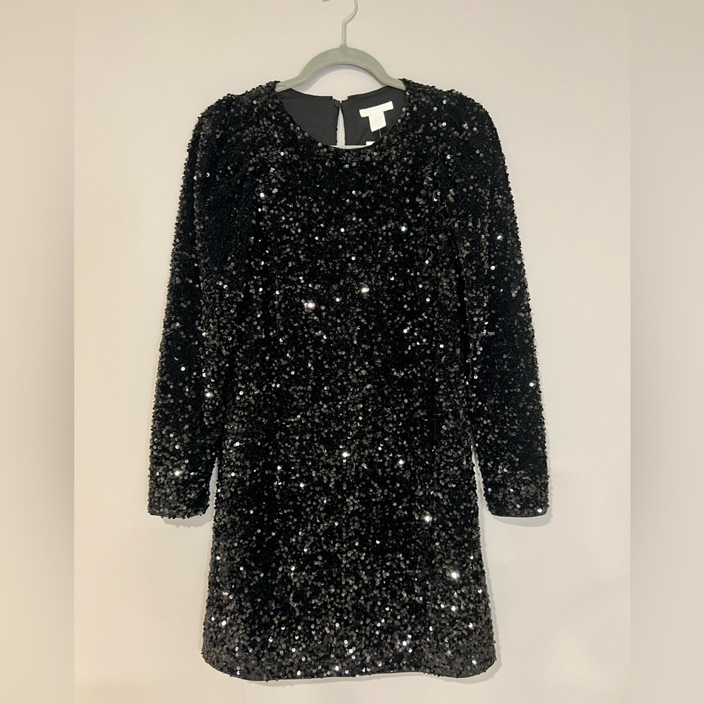 H&M Black Sequin Long-Sleeve Mini Dress – XS (Fits XS–S) – NWT